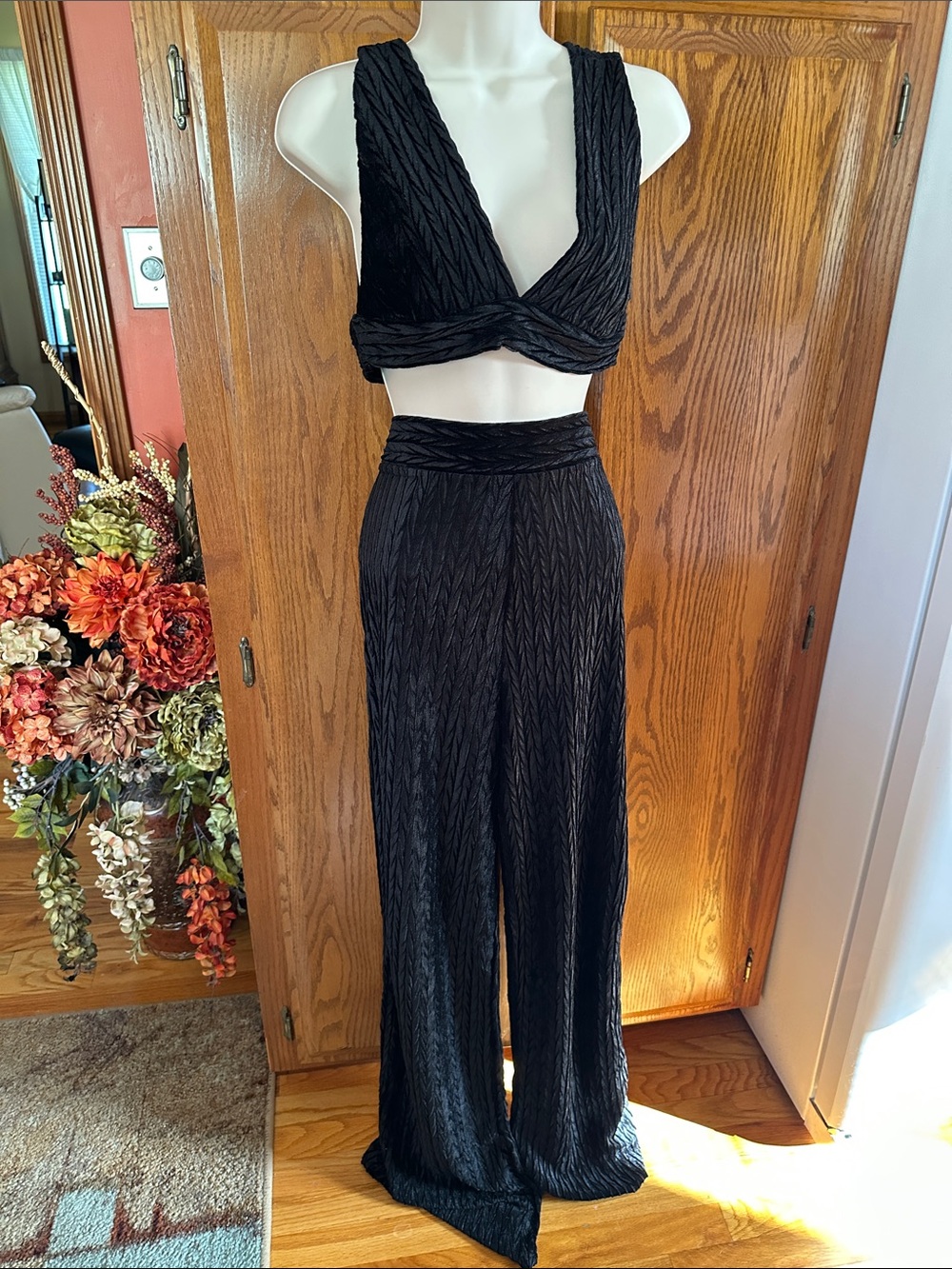 WinWin Black Textured Wide-Leg Crop Top Jumpsuit